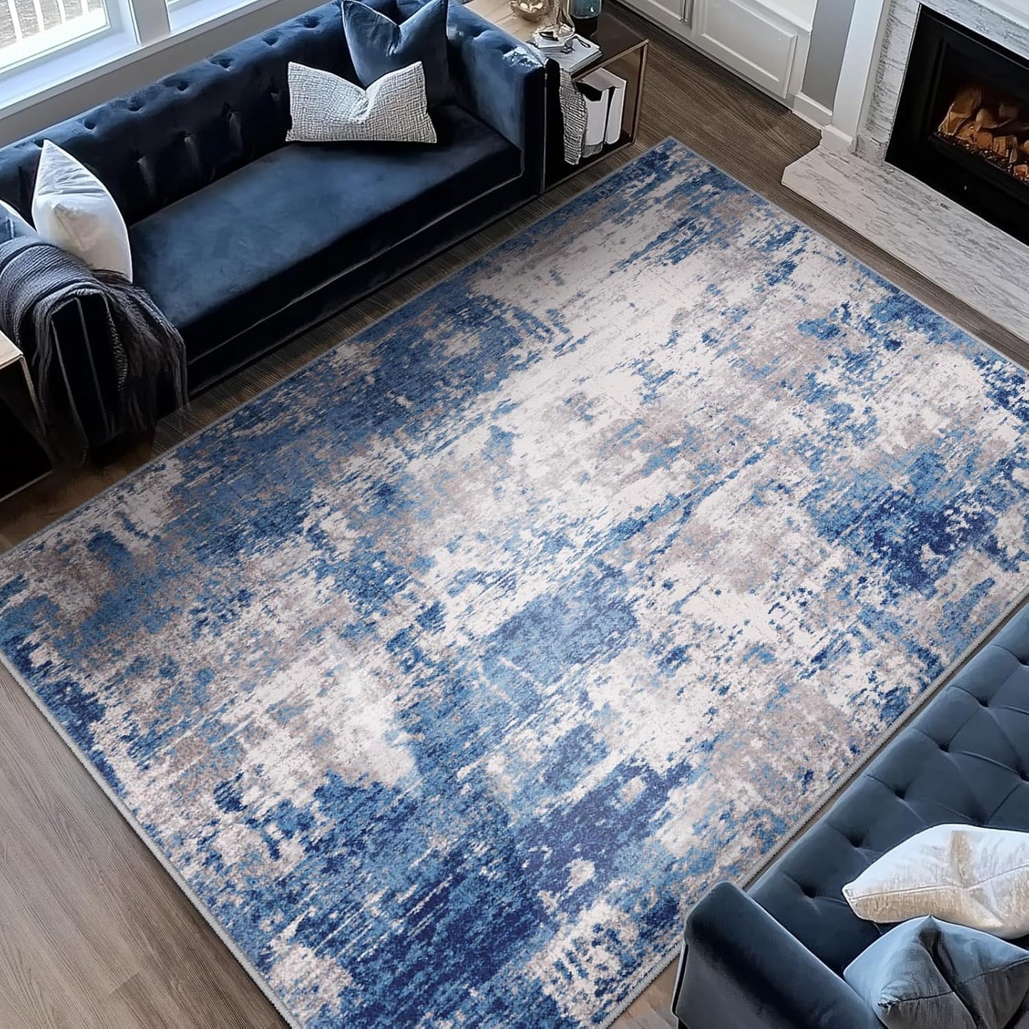 Washable Area Rugs 9'x12' Non-Slip Modern Abstract Soft for Living Room Entryway Bedroom, Print Pattern, Blue Grey Navy Gray
