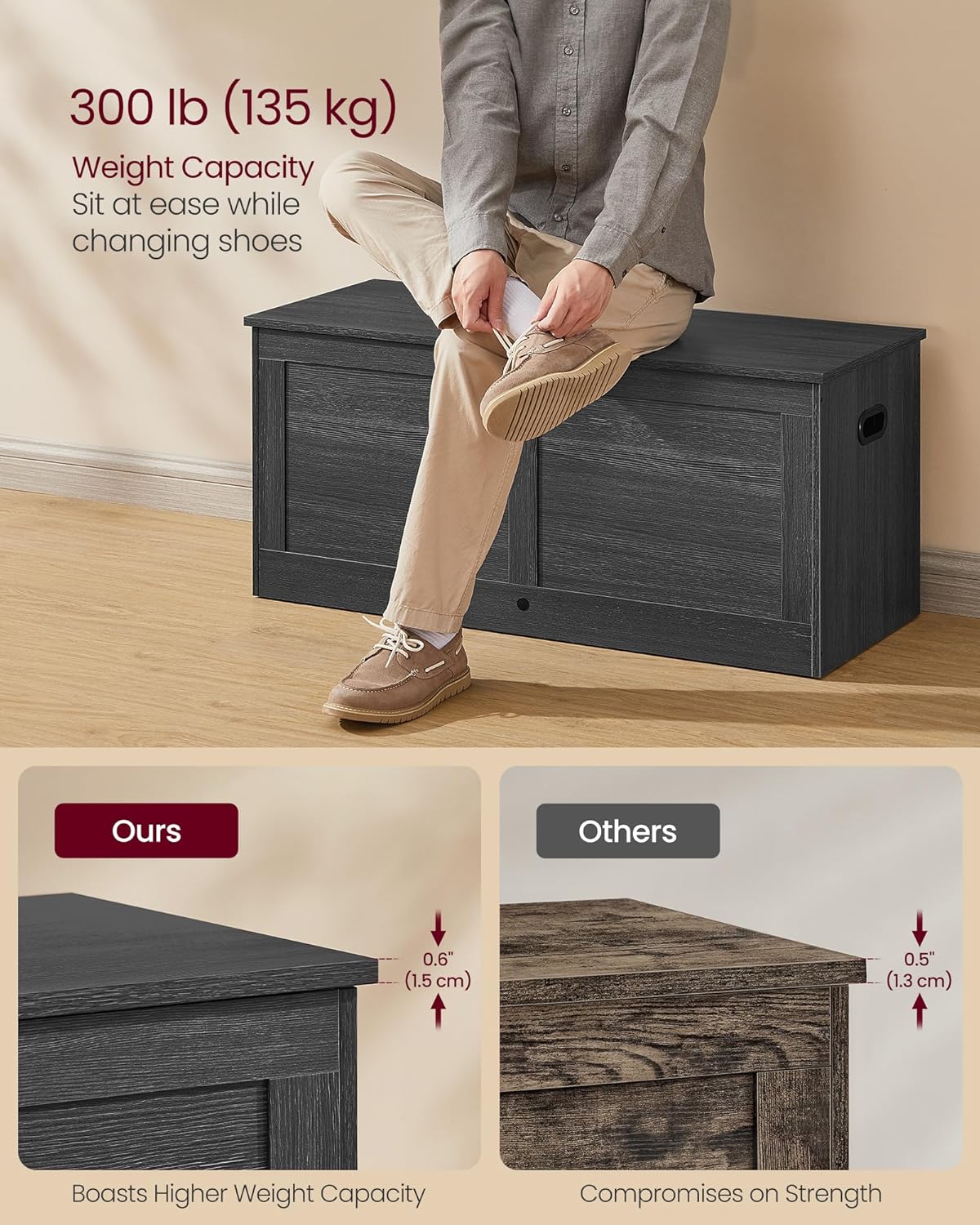 VASAGLE Storage Chest, Storage Trunk with 2 Safety Hinges, Storage Bench, Shoe Bench, Farmhouse Style, 15.7 x 39.4 x 18.3 Inches, for Entryway, Bedroom, Living Room, Charcoal Gray ULSB164B01