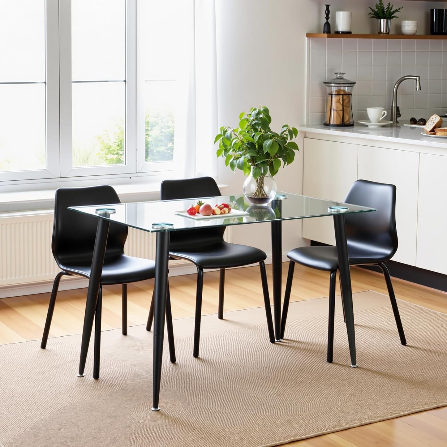 Dining Table for 6 Kitchen Table 47.2" Rectangular Modern Glass Dining Table Kitchen & Dining Room Tables with Glass Tabletop and Metal Legs for Dining Room and Kitchen, Black