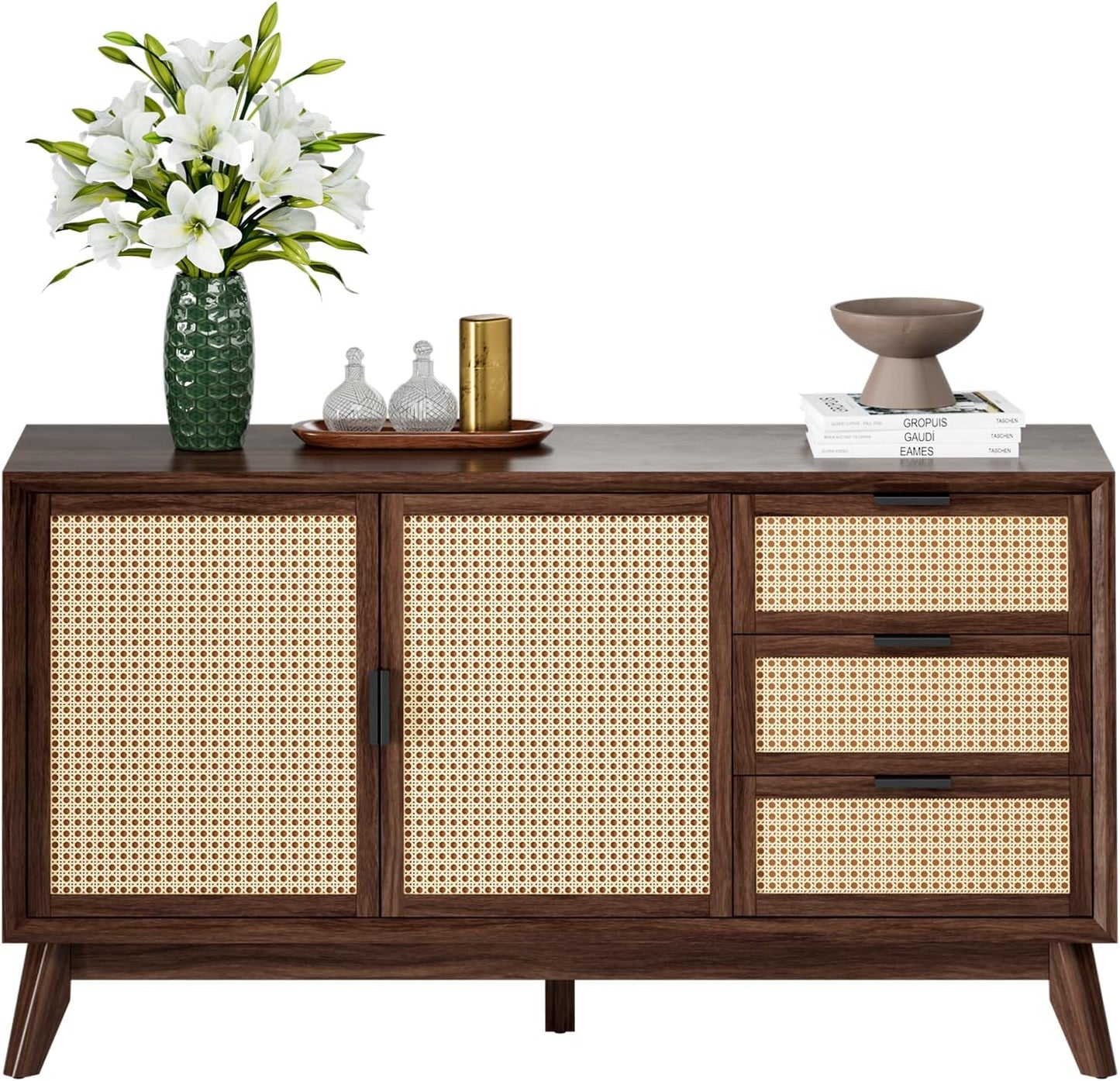 Bme Jasper Sideboard with 3 Drawers & 2 Rattan Doors, Buffet Cabinet with Storage for Dining Room, Living Room, Adjustable Shelves, Walnut