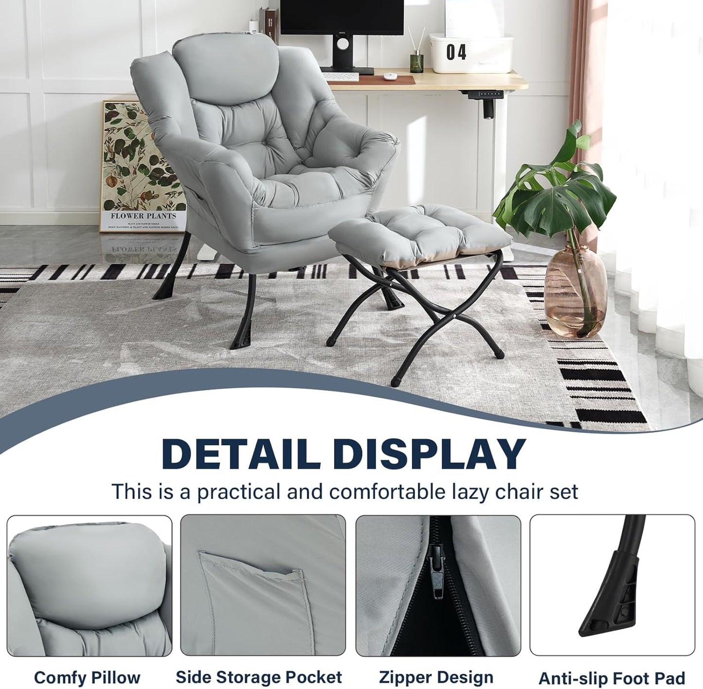 Lazy Chair with Ottoman, Modern Accent Chair Contemporary Lounge Leisure Sofa Chair with Armrests, Reading Chair and Folding Footstool Set for Living Room, Bedroom, Office, White Grey