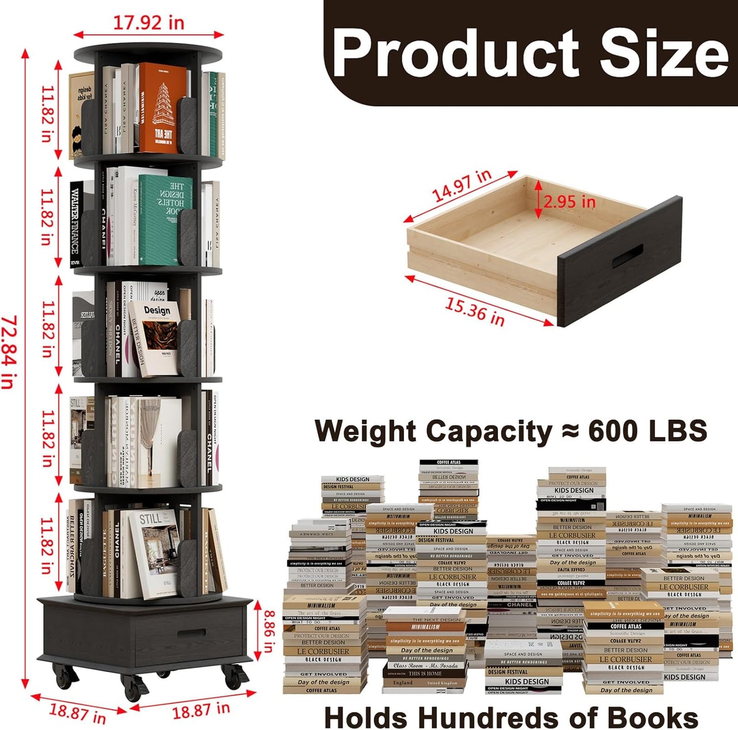 Solid Wood Rotating Bookshelf Tower on Wheels, 5-Tier Spinning Bookcase with Drawer, 72" Floor Standing Revolving Bookshelf, Rotating Bookcase for Small Space, Black