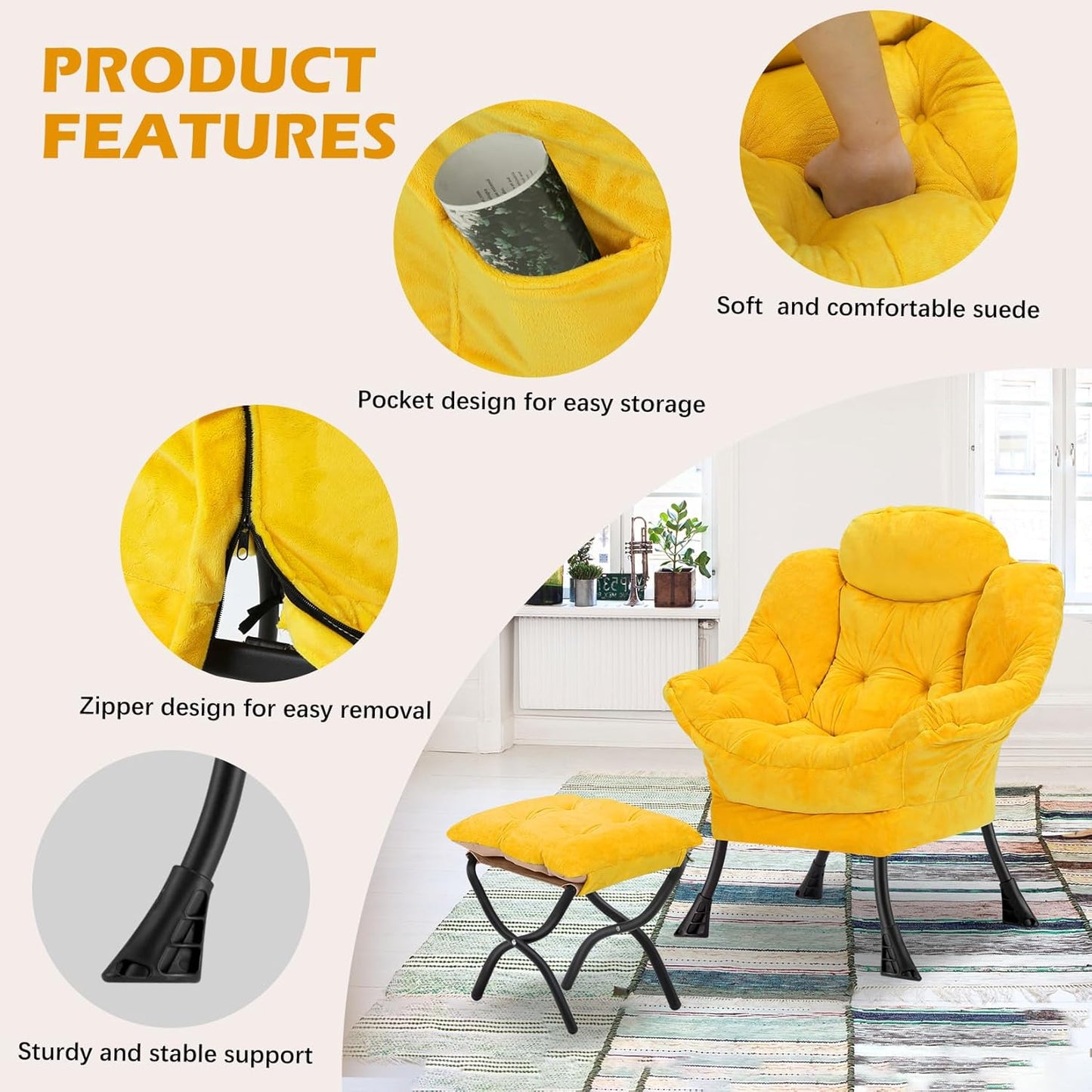 Lazy Chair with Folding Ottoman,Leisure Sofa Chair,Soft Fabric Armchair with Armrests and Side Pockets, Reading Chair with Footrest for Living Room, Bedroom, Office (Plush Yellow)