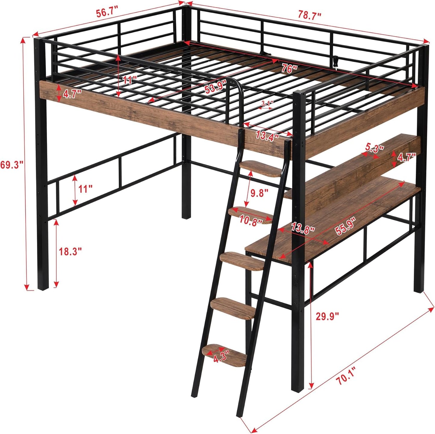 Metal Full Size Loft Bed with Built-in Desk,Storage Shelf and Ladder,Full-Length Guardrails and Secured Metal Slats, High LoftBed W/Large Storage Space for Kids Teens Adults Bedroom,Black