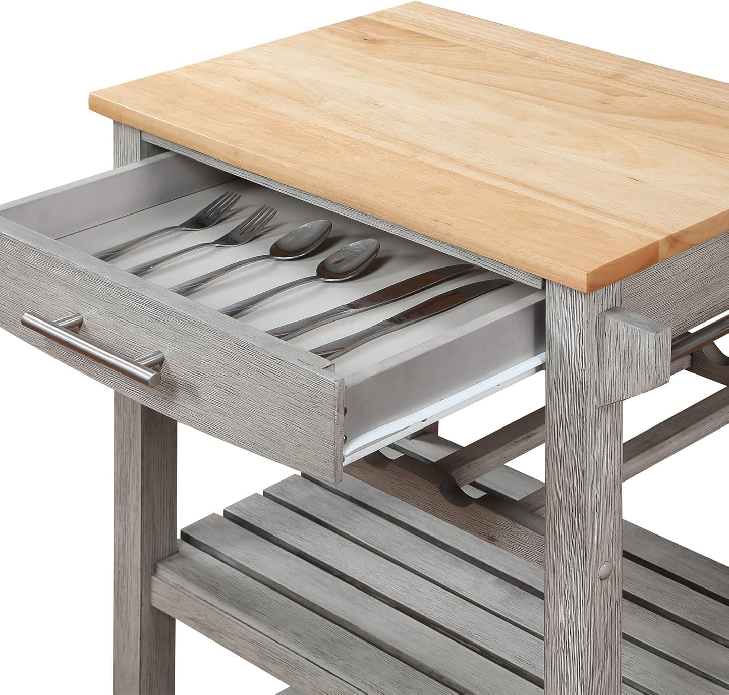 Convenience Concepts Ellaine 4 Tier Kitchen Cart with Drawer and Wine Rack, 24.75 x 16.5 x 34.5, Wirebrush Light/Butcher Block