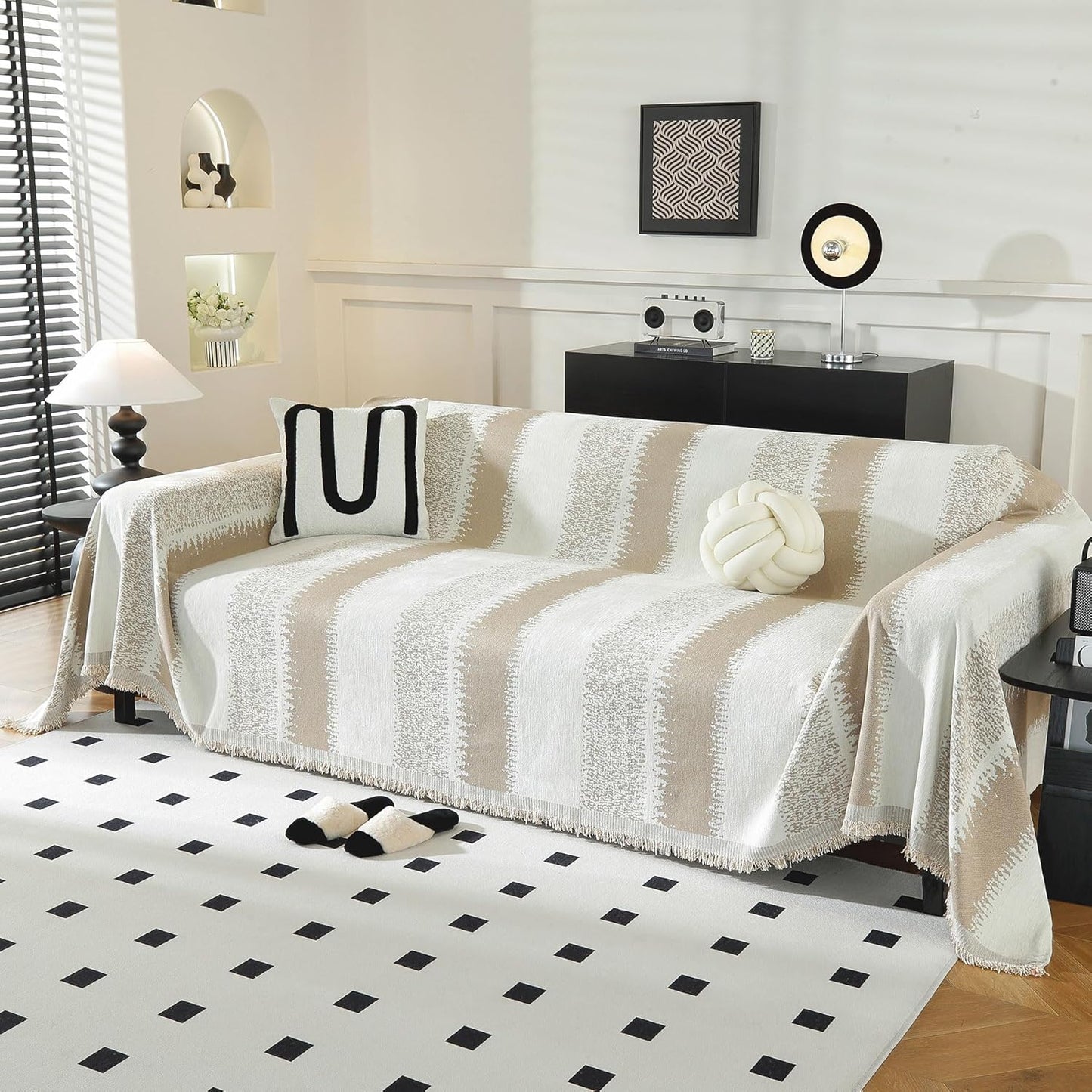 LUFEIJIASHI Boho Couch Covers for Sofa Non Slip Sofa Covers Washable Couch Covers for 3 Cushion Couch Sofa Pet Friendly Sectional Couch Cover Blanket Furniture Protector for Dogs (Khaki, 91"x150")