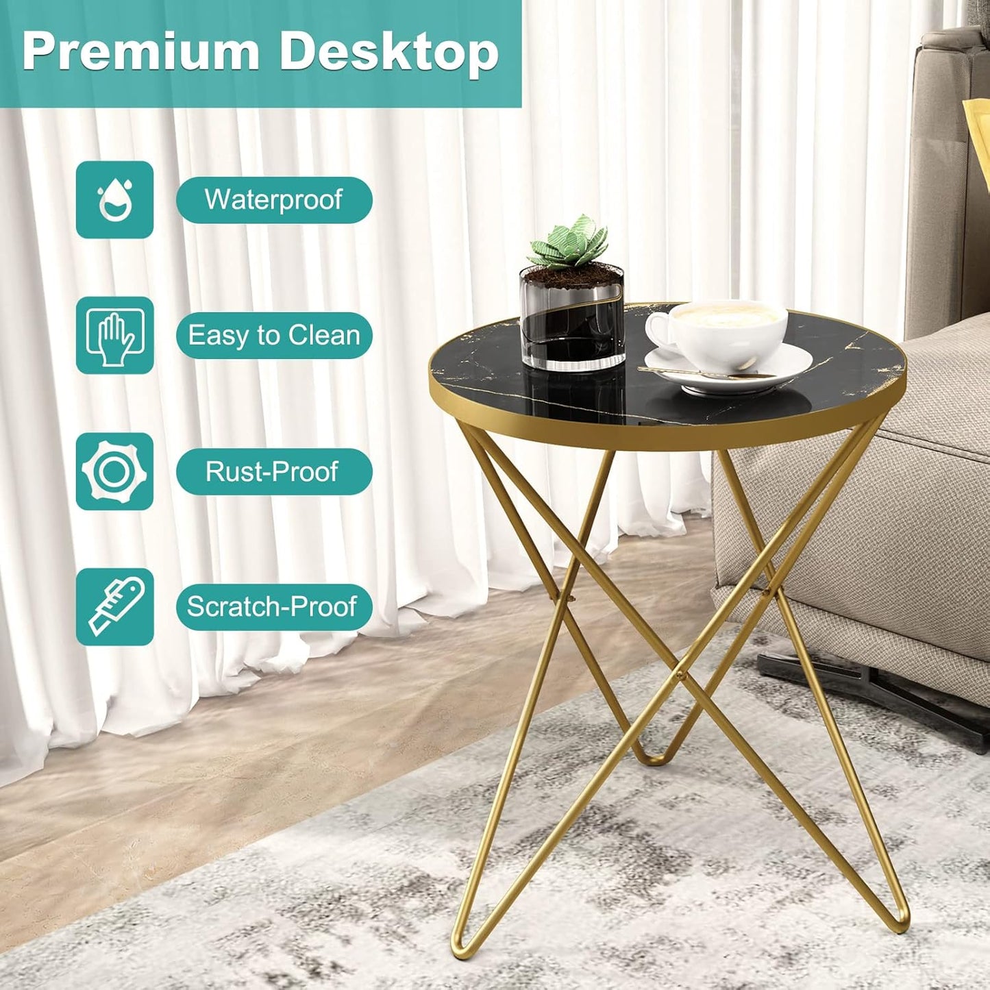HLR Modern Round Side Table Set of 2, End Table with Marble Effect Top and Gold Metal Frame, Small Side Table for Living Room, Bedroom, Sofa and Couch, Gold Legs, Black Marble top