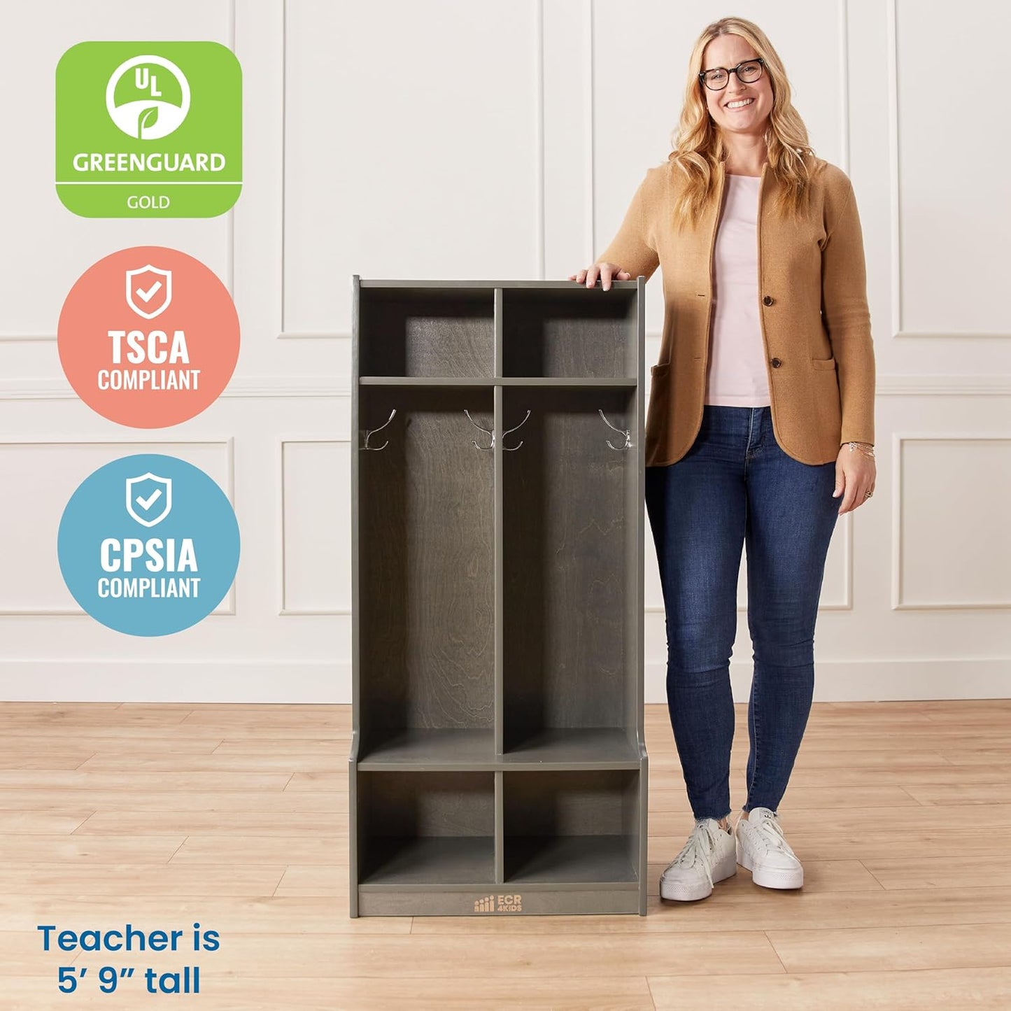 ECR4Kids 2-Section Coat Locker with Bench, Classroom Furniture, Grey Wash