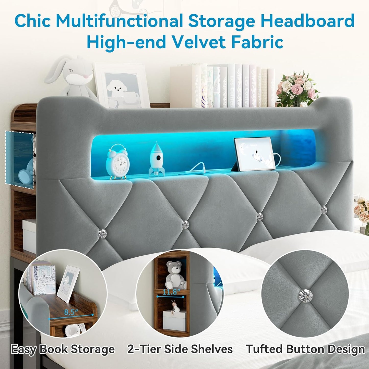Full Upholstered LED Bed Frame with 2 Storage Drawers and 2-Tier Storage Headboard, Velvet Platform Bed with Charging Station & Bookcase, Corner Bed Frame, Heavy Duty Metal Support, Grey