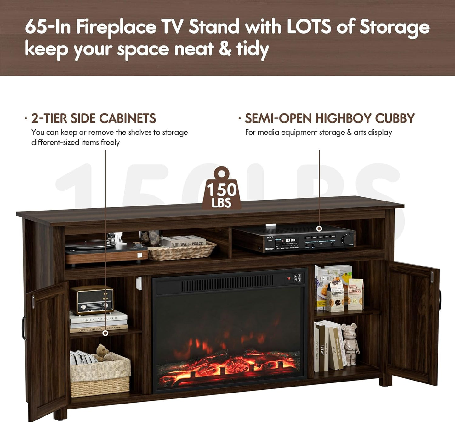 YESHOMY Fireplace TV Stand for Television up to 65+ Inch with Storage and Farmhouse Barn Doors, Entertainment Center with Cabinet and Shelves, Media Console for Living Room, Walnut