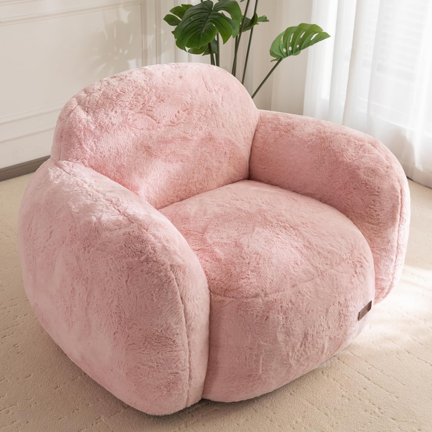 MAXYOYO Bean Bag Chair, Comfy Pebble Shaped Single Bean Bag Sofa for Adults, Stuffed Floor Sofa with Supportive Backrest & Armrests, Modern Faux Fur Accent Chair for Living Room & Bedroom, Pink