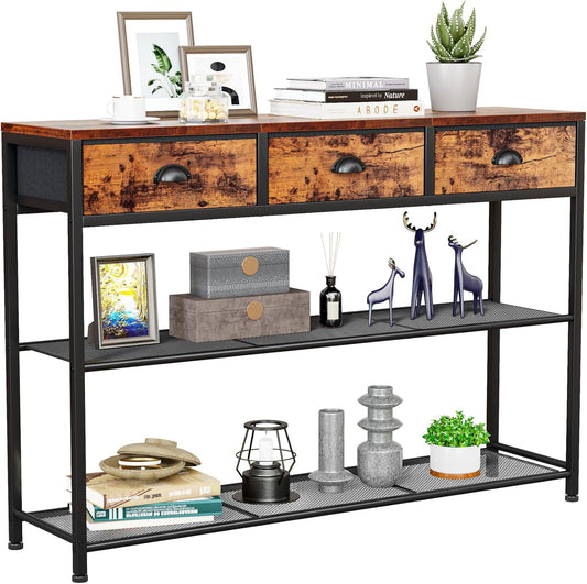 Furologee Entryway Table, 38'' Console Sofa Table with 3 Fabric Drawers, Industrial Entry Way Table with Storage Shelves, Display Shelf for Living Room, Hallway, Entrance, Foyer, Rustic Brown