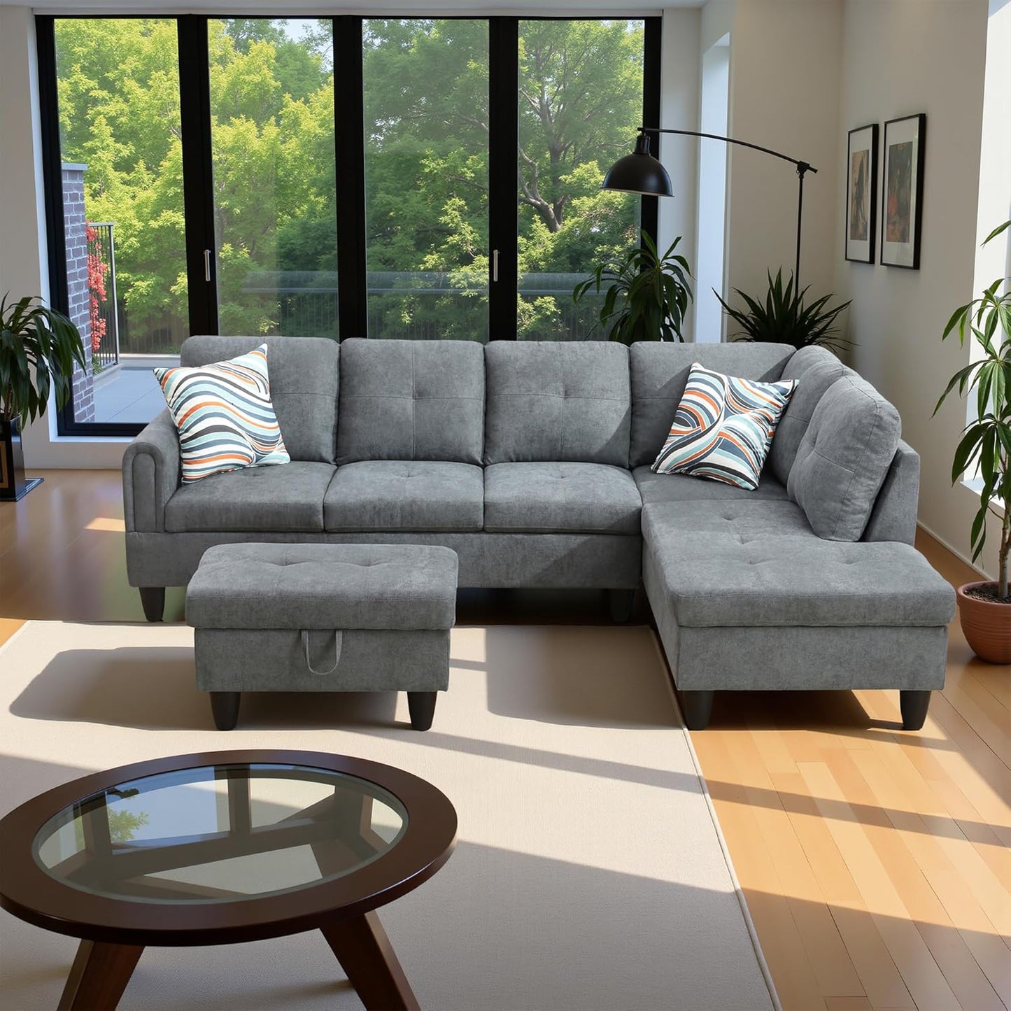 97" Oversized Sectional Couch, L Shaped Couch with Storage Ottoman, Modern Modular Sofa with Deep Seat, Sectional Couches for Living Room and Office, Dark Grey (Fluffy Fabric)