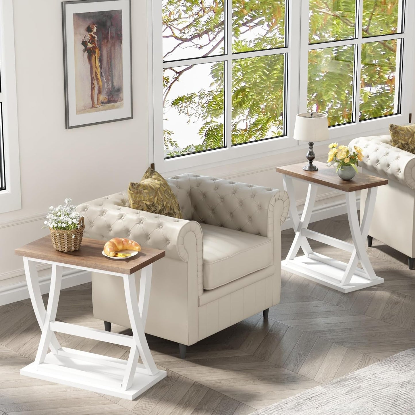 ChooChoo Farmhouse End Tables Living Room Set of 2, Narrow Side Table with Storage Shelf, Modern X-Design Slim End Table for Living Room, 11.8" D*23.6" W*23.4" D