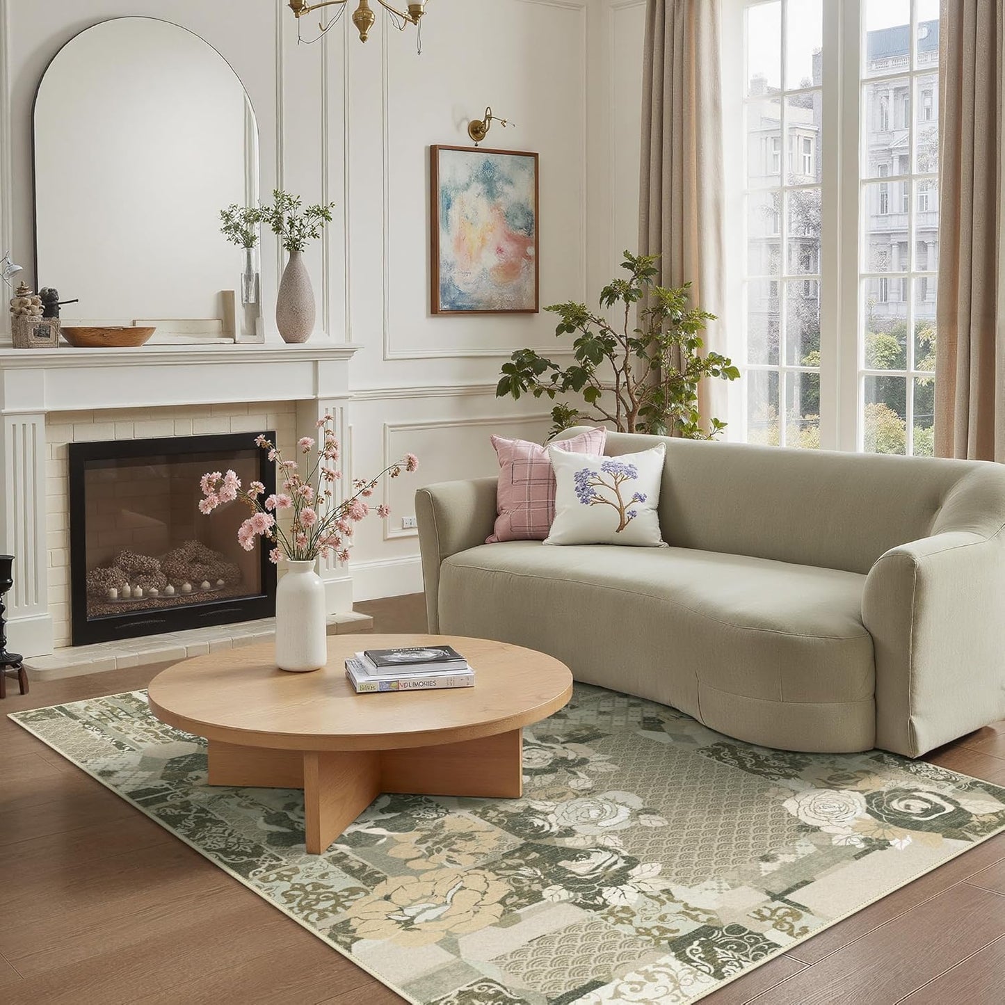 GENIMO 5X7 Floral Area Rugs for Living Room, Machine Washable Non Slip Vintage Patchwork Washable Rug, Ultra-Thin Low Pile Chenille Rugs for Bedroom, Dining Room, Taupe Gray