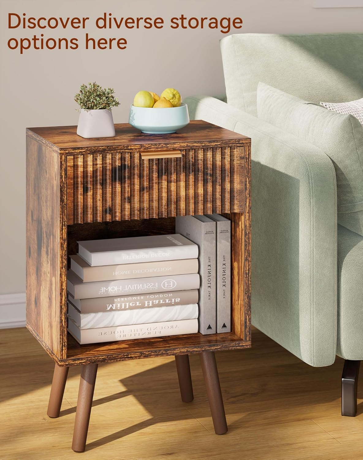 YMYNY Mid Century Modern Nightstand, Side Table, Fluted Night Stand with Drawer, Open Shelf Unit, Golden Handle, Solid Wood Legs, Bedside Table, for Bedroom, Rustic Brown UHST013H