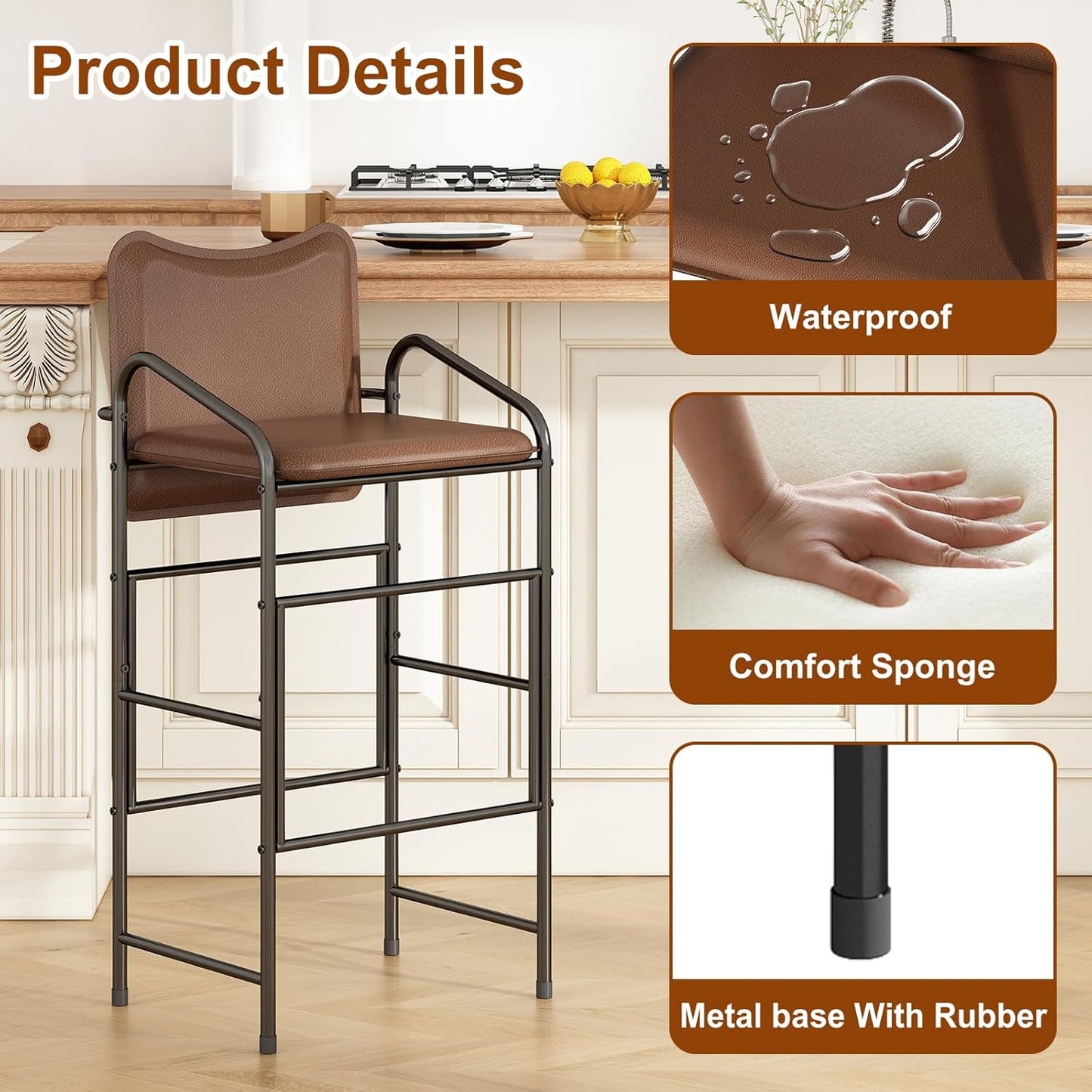 GILLAS Set of 2 Bar Stools with Backrest and Armrest, 36.2" PU Leather Counter Height Stools, Industrial Bar Chairs for Kitchen Island, Home Bar, Brown