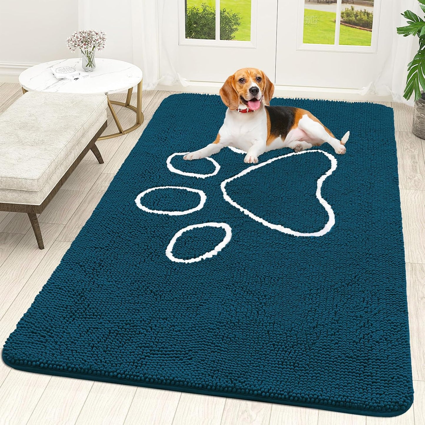OLANLY Door Mat for Muddy Dog Paws 59x35, Absorbent Chenille Mud Doormat with Paw Print Design, Non-Slip Washable Doormat for Indoor Entryway, Quick-Dry Pet Bed Mats for Dirty Dogs, Atlantic Blue