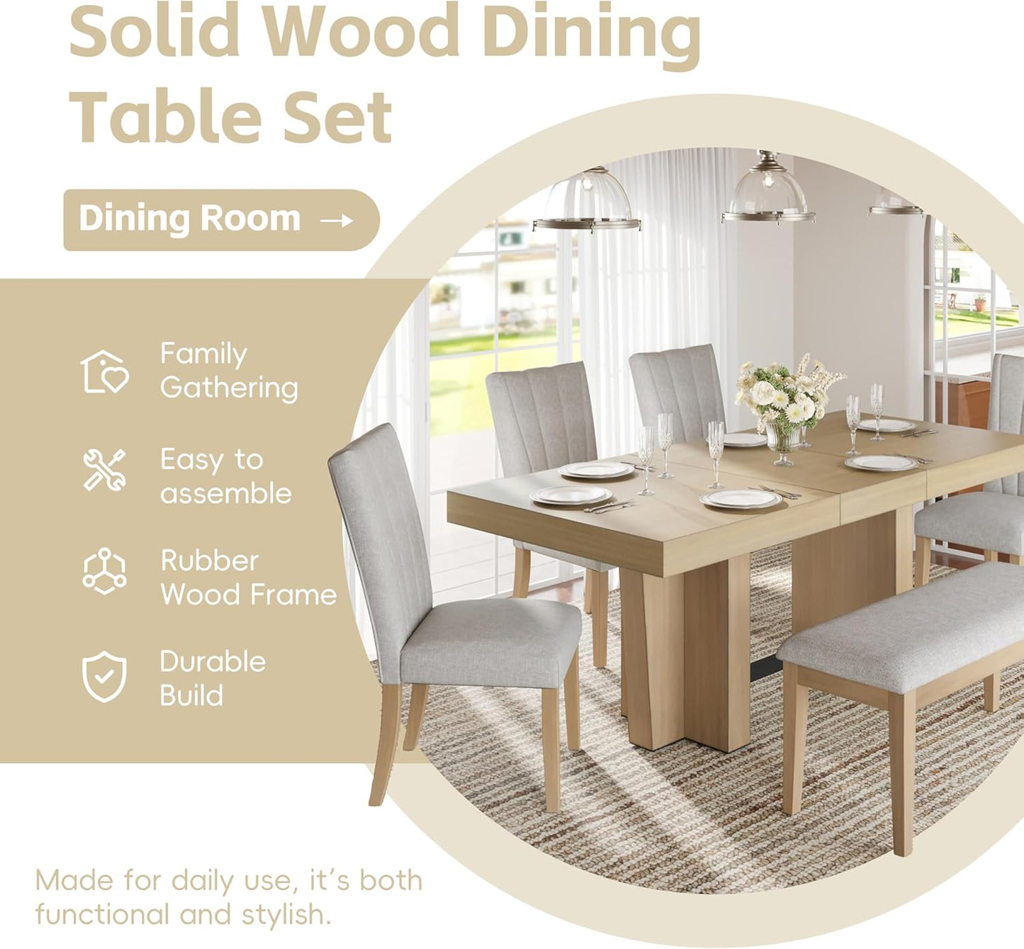 Ball & Cast 6 Piece Farmhouse Dining Table Set with Extendable Table,4 Upholstered Chairs & 1 Bench,Wooden Kitchen Table Set of 6,Backrest Chair with Table & Upholstery-Bench,for Dining Room,Natural
