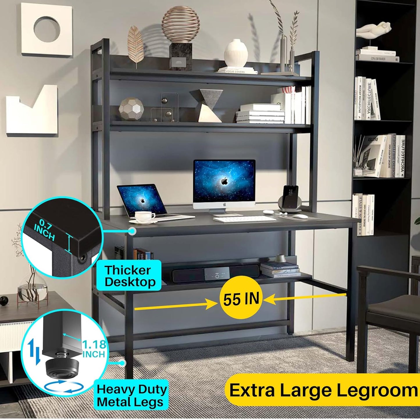 Aquzee Computer Desk with Hutch and Bookshelves, Large Leg Room 55 inch Width Black Desk with Space Saving Storage Shelves, Easy Assemble and All Hardware and Tools Included