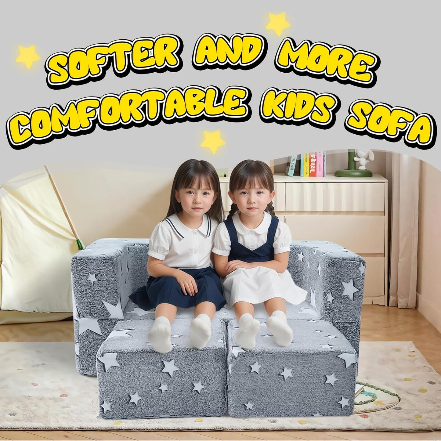 MeMoreCool Modular Kids Play Couch Sofa – Glow in The Dark Star Design, Fold-Out Toddler Couch for Playroom Furniture, Grey