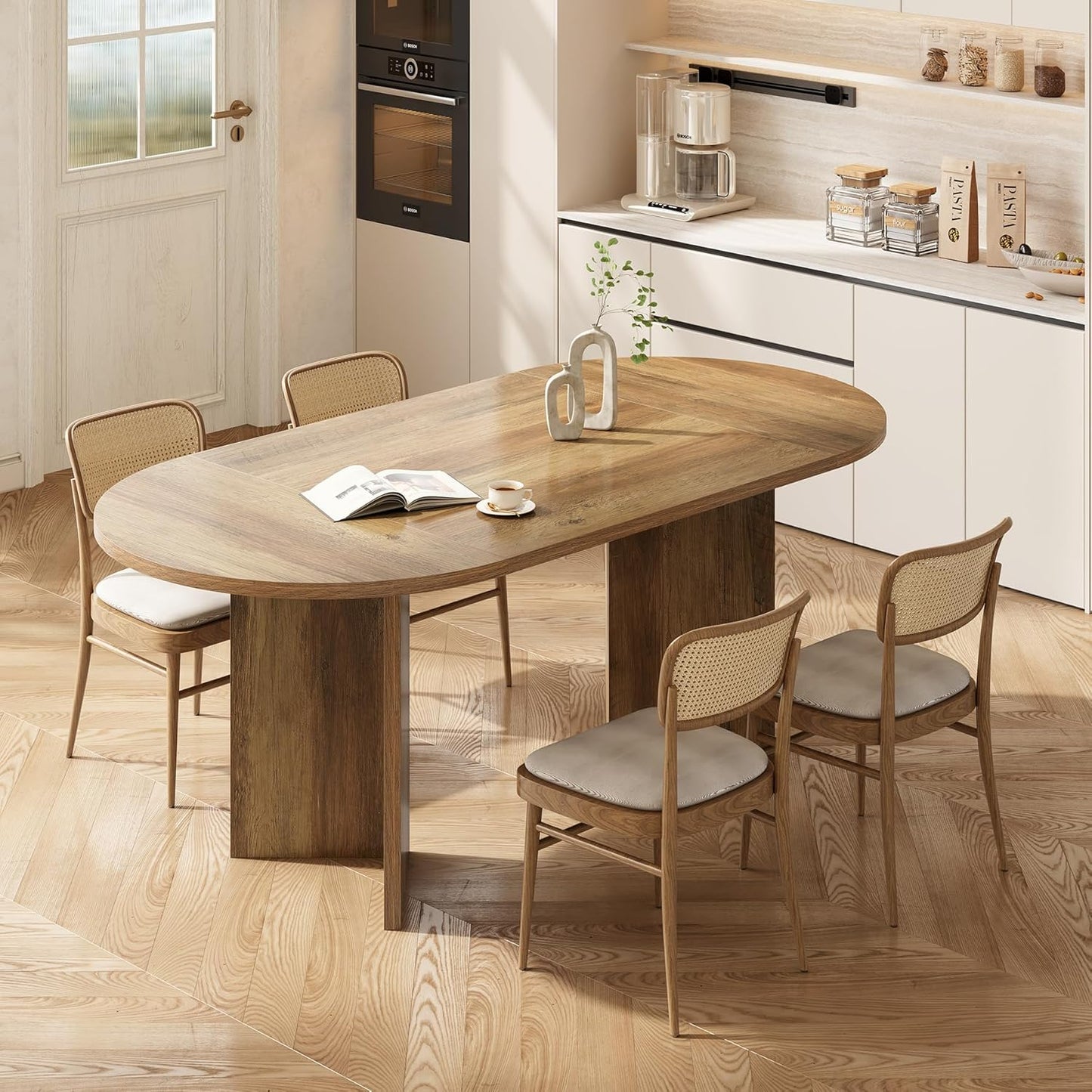 LITTLE TREE 63" Rustic Oval Dining Table for 4-6, Sturdy MDF Farmhouse Kitchen Table with Metal Strip Base, for Living Room, Office, Restaurant, Multi-Use, Umber