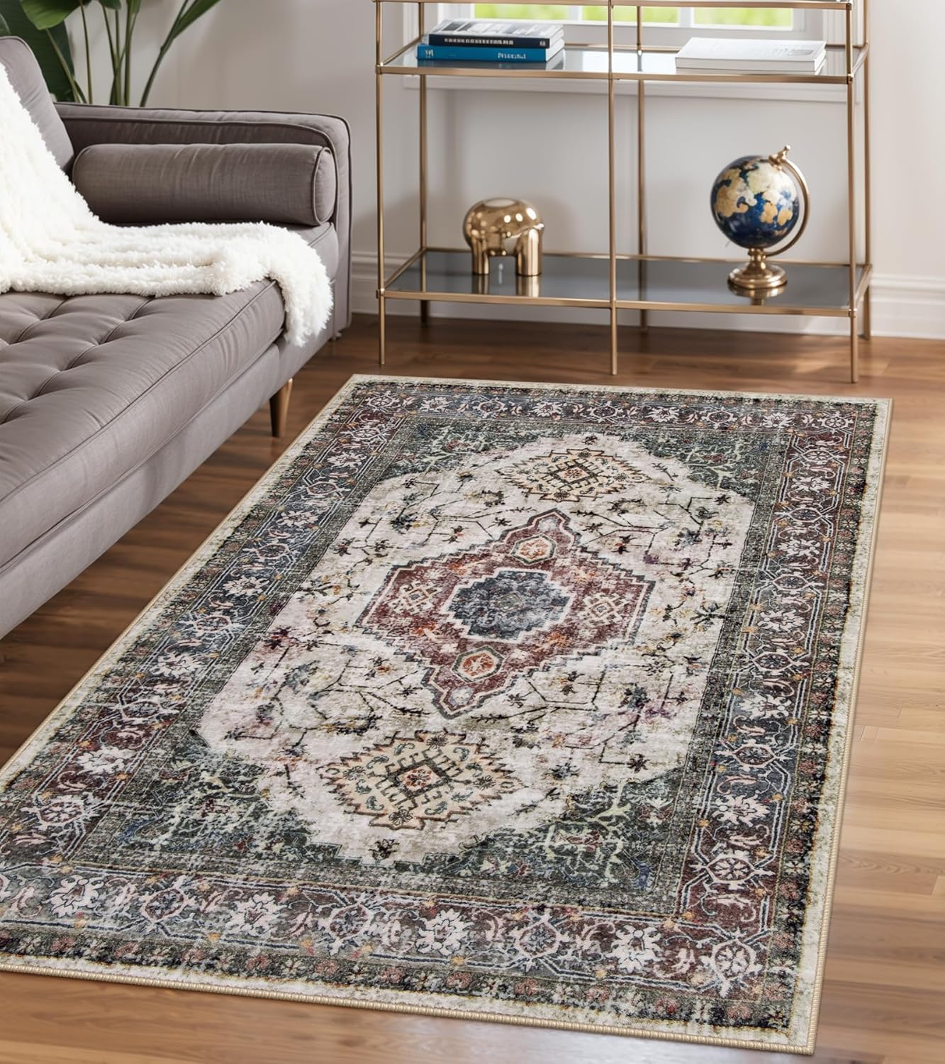 Lahome Oriental Washable Rug, 3x5 Rugs for Bedroom Living Room Entryway, Vintage Ultra-Thin Non-Slip Soft Throw Carpet for Kitchen Office Entrance, Brown/Grey