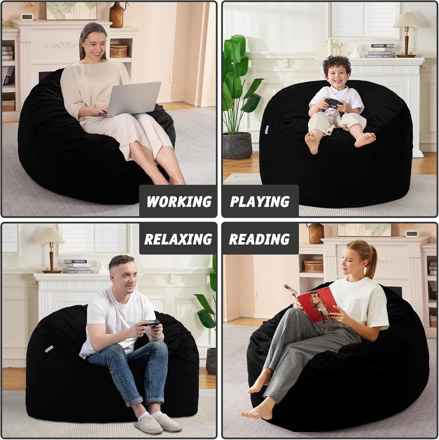 3FT Bean Bag Chair with Ultra Soft Velvet Cover Bean Bag Sofa with Memory Foam Bean Bag Chairs with Large Size Lazy Sofa for Dorm Office Living Room Bedroom Black 3'