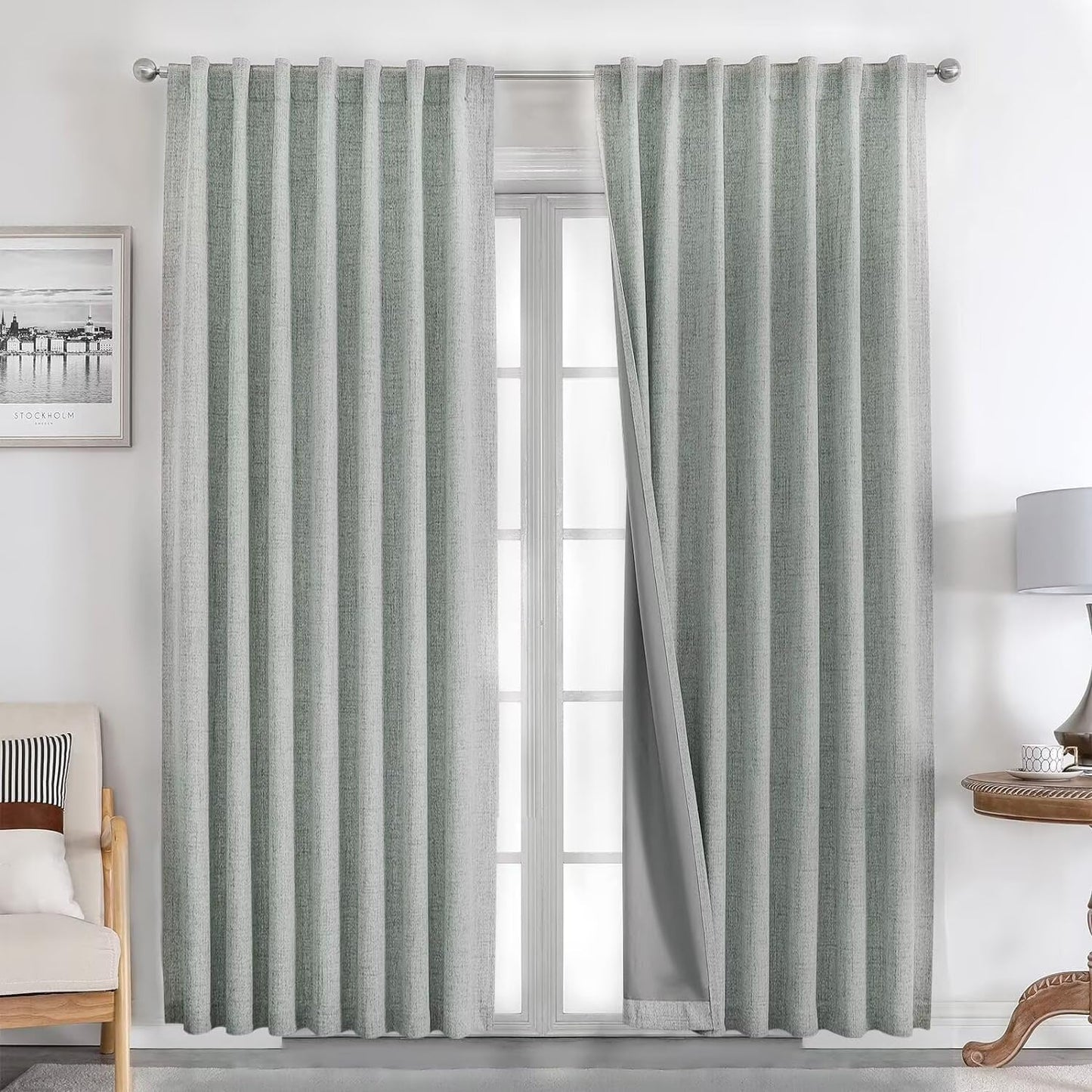 Joydeco Natural Linen Curtains 90 inch Length 2 Panels Set Burg 100% Blackout Patio Door Curtain Room Darkening Sliding Door Curtains Thermal Insulated Back tab Rod Pocket(105x90 inch, Sage Green)