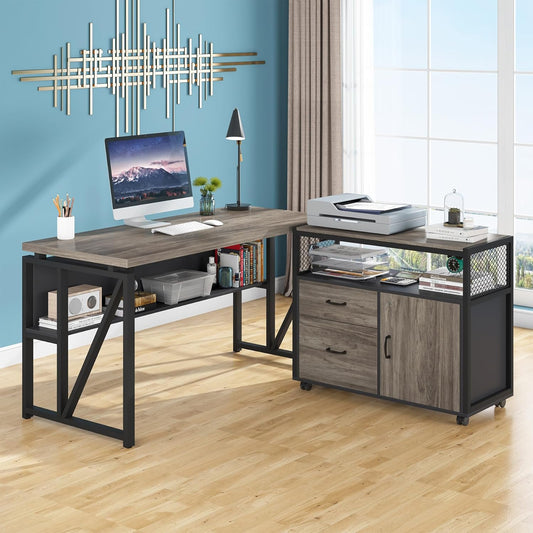 Tribesigns Office Desk with Drawers Sets, 55 inches L Shaped Computer Desk with Mobile File Cabinet,Big Executive Desk for Home Office Furniture Sets (Dark Oak, 55-inch)