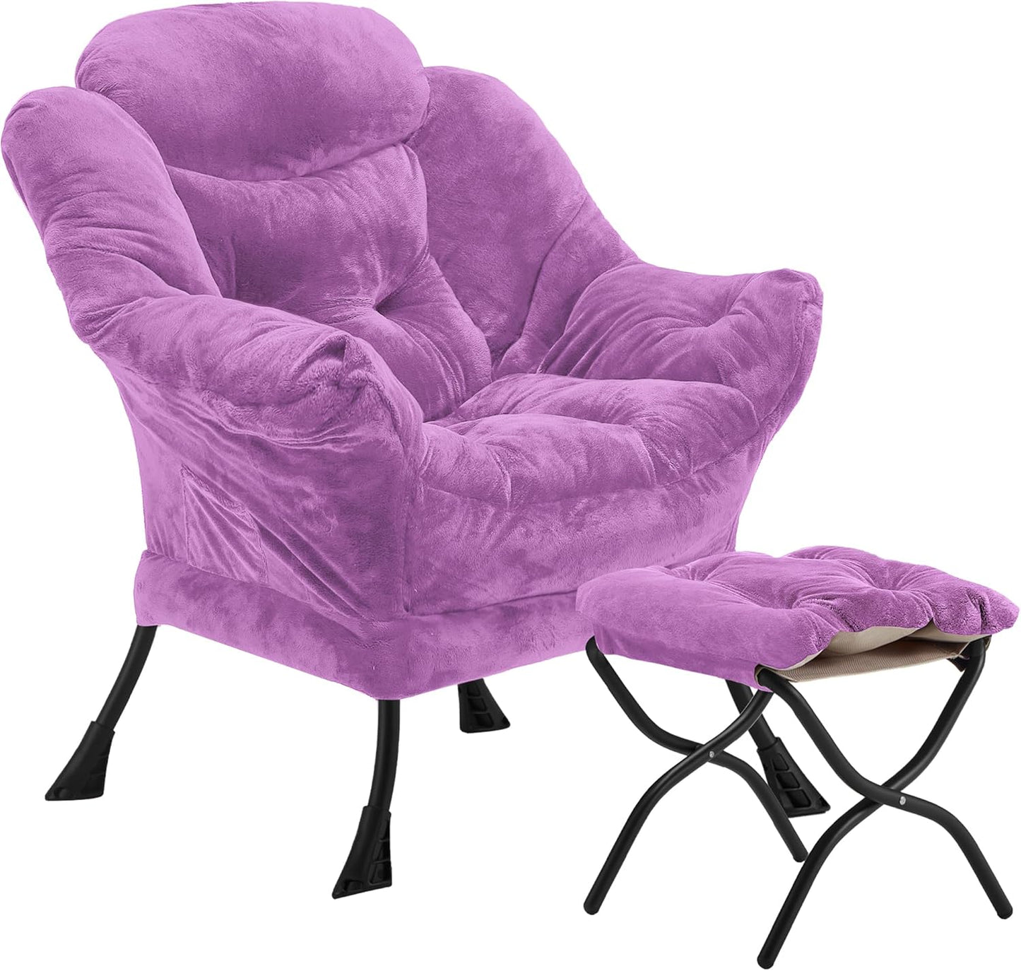 Fabric Lazy Chair with Ottoman, Oversized Upholstered Sofa Chair for Adults, Plush Comfy Lounge Chair with Large Side Storage Pocket, Reading Chair for Living Room, Bedroom, Office, Purple
