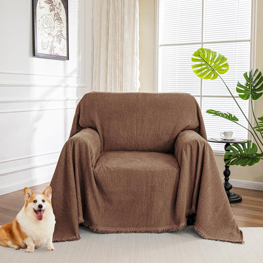 MYSKY HOME Chair Couch Covers Sectional Couch Covers for Pet Sofa Covers Non Slip Soft Couch Sofa Cover, Washable Furniture Protector Sofa Slipcover with Tassel Sofa Throws, 71"x91", Chocolate