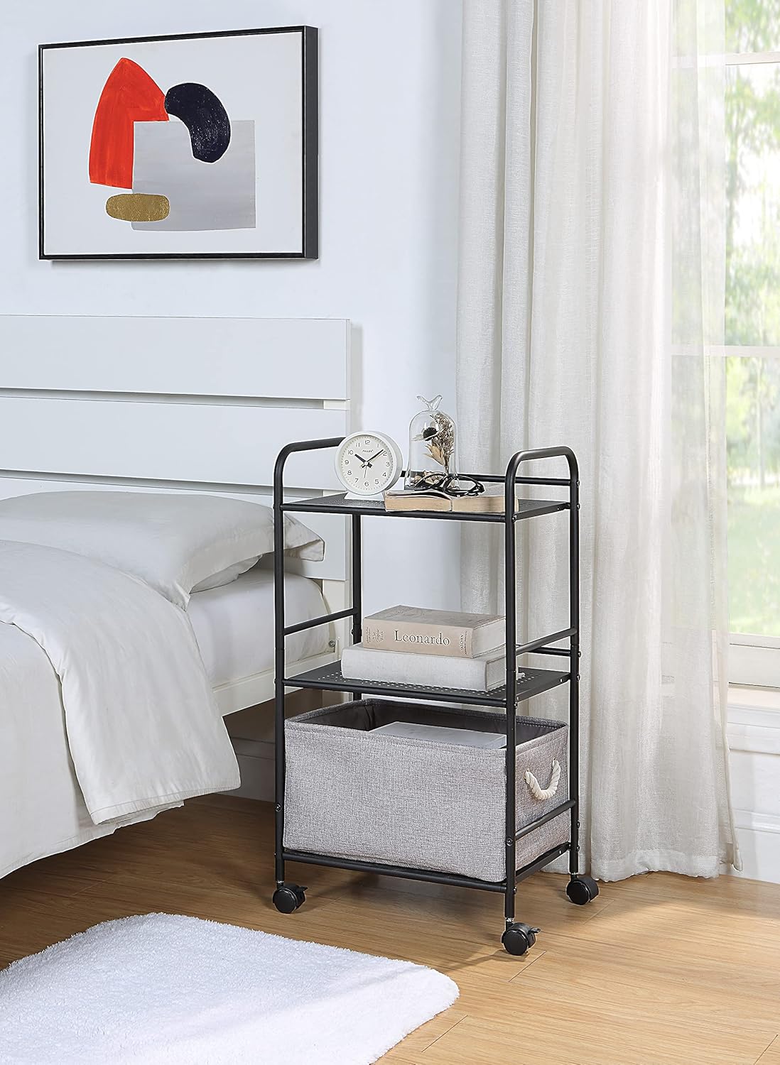 SunnyPoint 3-Tier Rolling Utility Cart – Metal Storage Organizer with Wheels, Mobile Kitchen Cart, Office & Home Organizer, Black, 12" D x 16.92" W x 31.1" H