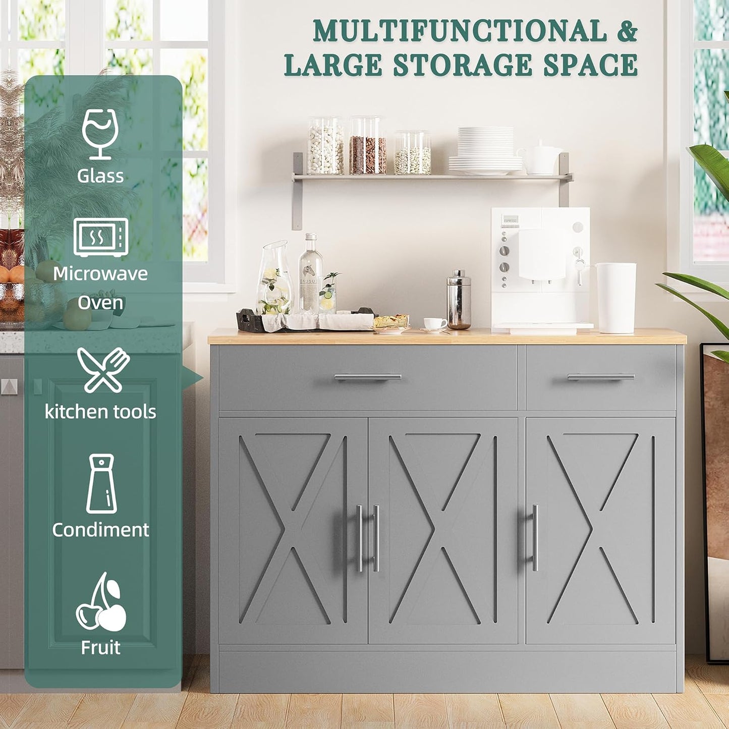 Shintenchi Modern Farmhouse Sideboard Buffet Cabinet with Storage with 3 Doors, 42"Barn Doors Buffet Cabinet with Storage, Wood Coffee Bar Cabinet with Adjustable Shelf for Kitchen, Living Room, Grey