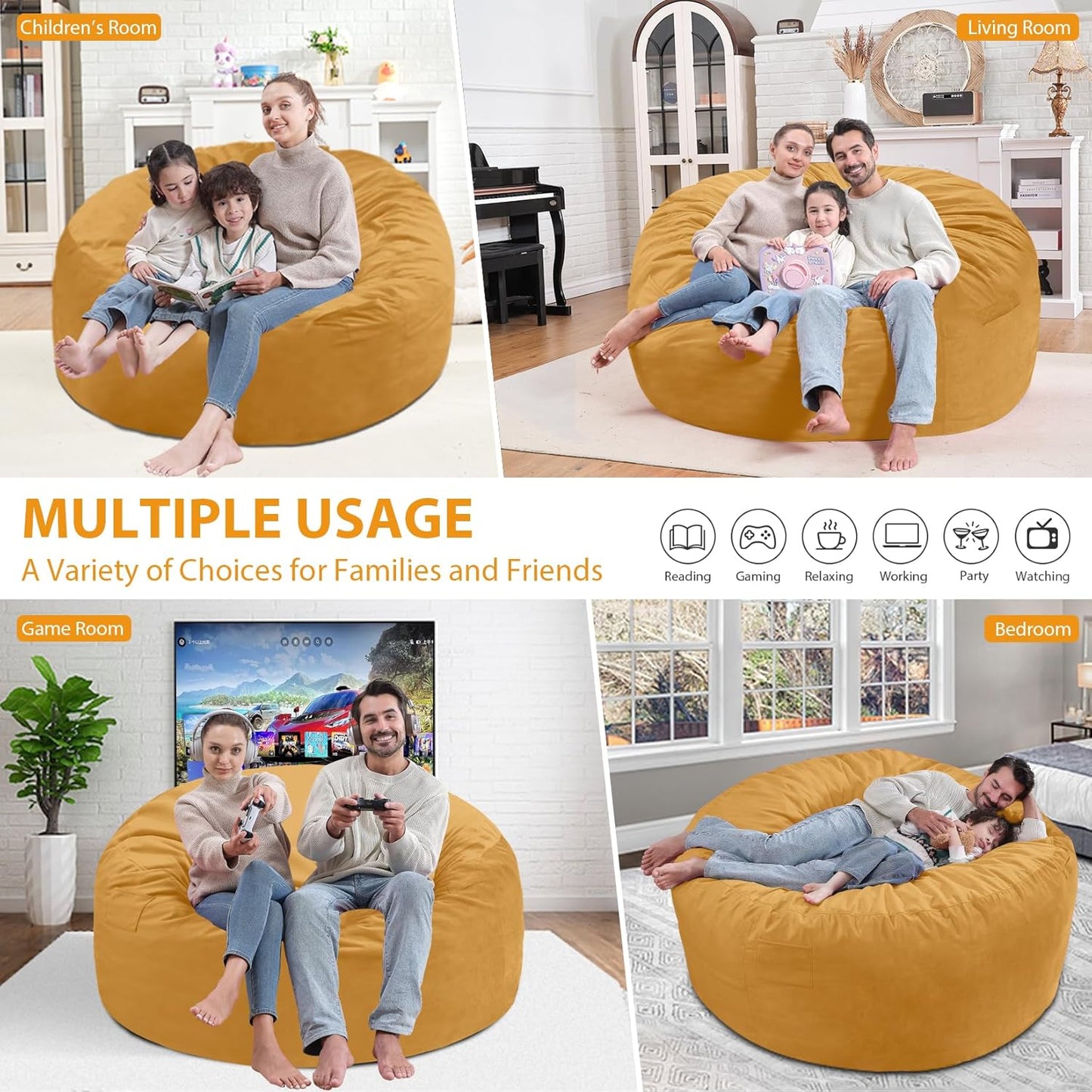 5FT Bean Bag Chair, Large Bean Bag Chairs with Memory Foam Filled, Fluffy Beanbag Sofa with Dutch Velvet Cover, Round BeanBag Chairs for Living Room, Playroom - Mustard