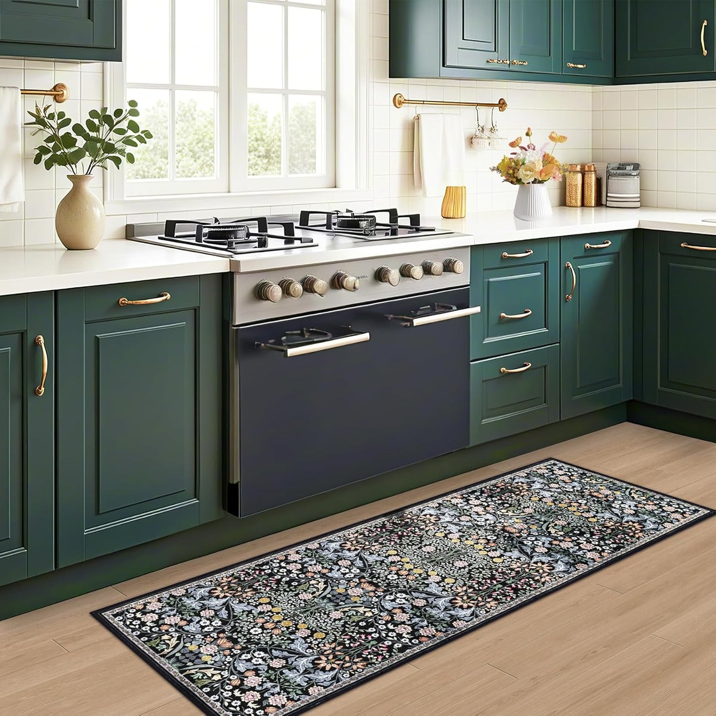 Runner Rug for Entryway: 2x10 Kitchen Rugs Non Slip Washable Ultra Soft Floral Carpet Indoor Stain Resistant Carpets for Hallway Bedroom Kitchen Laundry Bathroom Dorm Dark Black