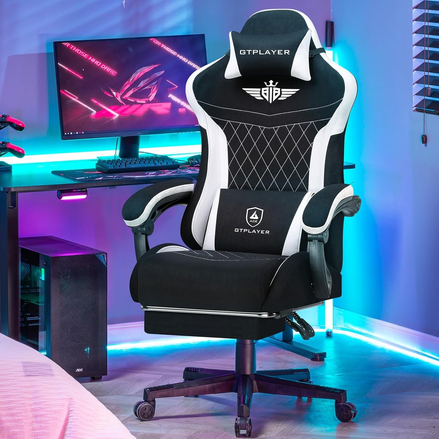 GTPLAYER Gaming Chair, Video Game Chairs with Footrest and Lumbar Support, Computer Chair for Adults with Extended Backrest, Ergonomic Reclining Silla Gamer, Fabric, Black