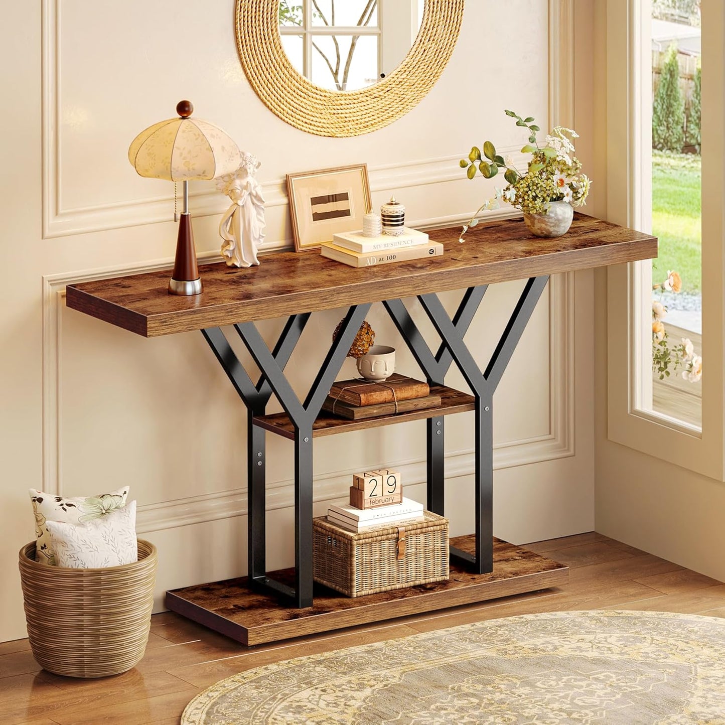 Huuger 47.2 Inch Entryway Table, Industrial Console Sofa Table, 3 Tier Accent Table, for Entry, Hallway, Entrance, Foyer, Y-Shaped Metal Base, Rusitc Brown