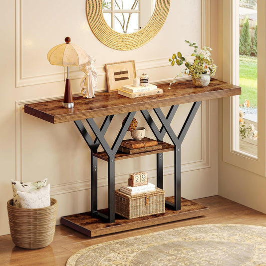 Huuger 47.2 Inch Entryway Table, Industrial Console Sofa Table, 3 Tier Accent Table, for Entry, Hallway, Entrance, Foyer, Y-Shaped Metal Base, Rusitc Brown