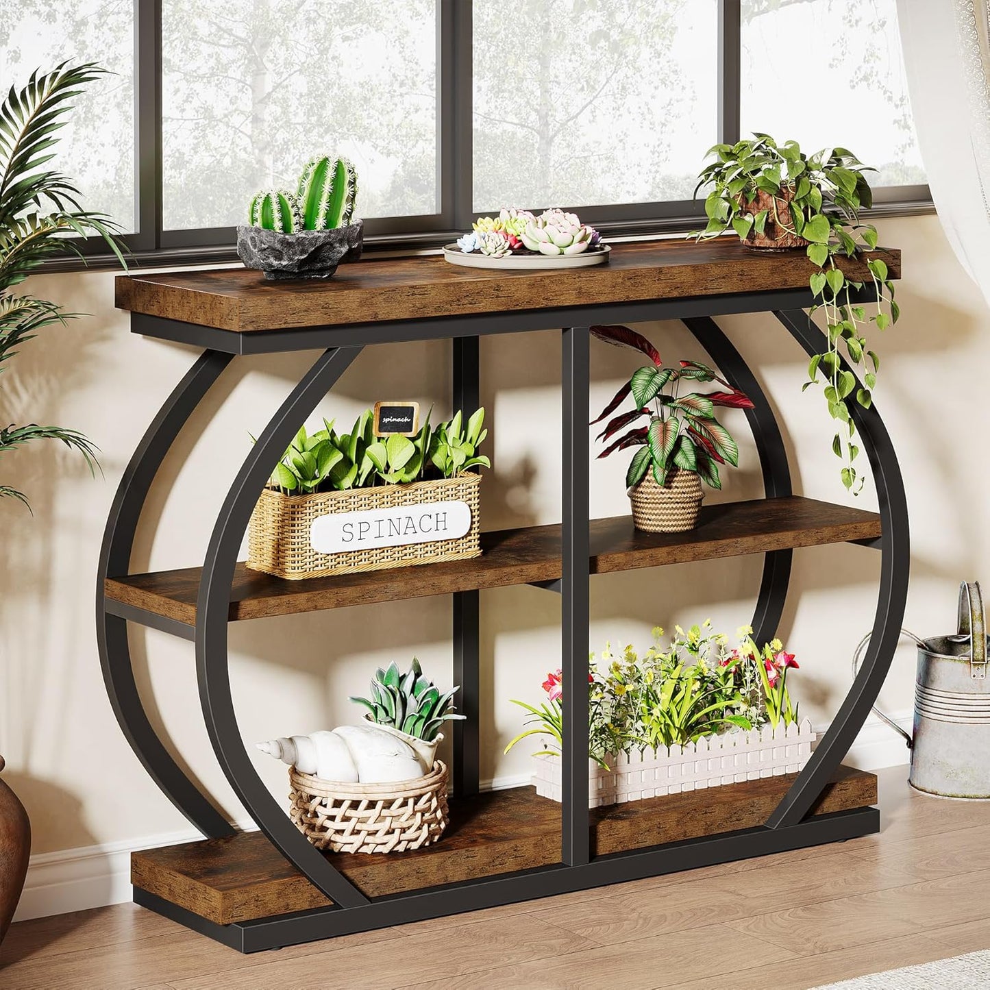 Tribesigns 41.3" Console Table, Industrial 3-Tier Entryway Table with Arched Metal Frame and Storage Shelves for Living Room, Hallway, Rustic Brown