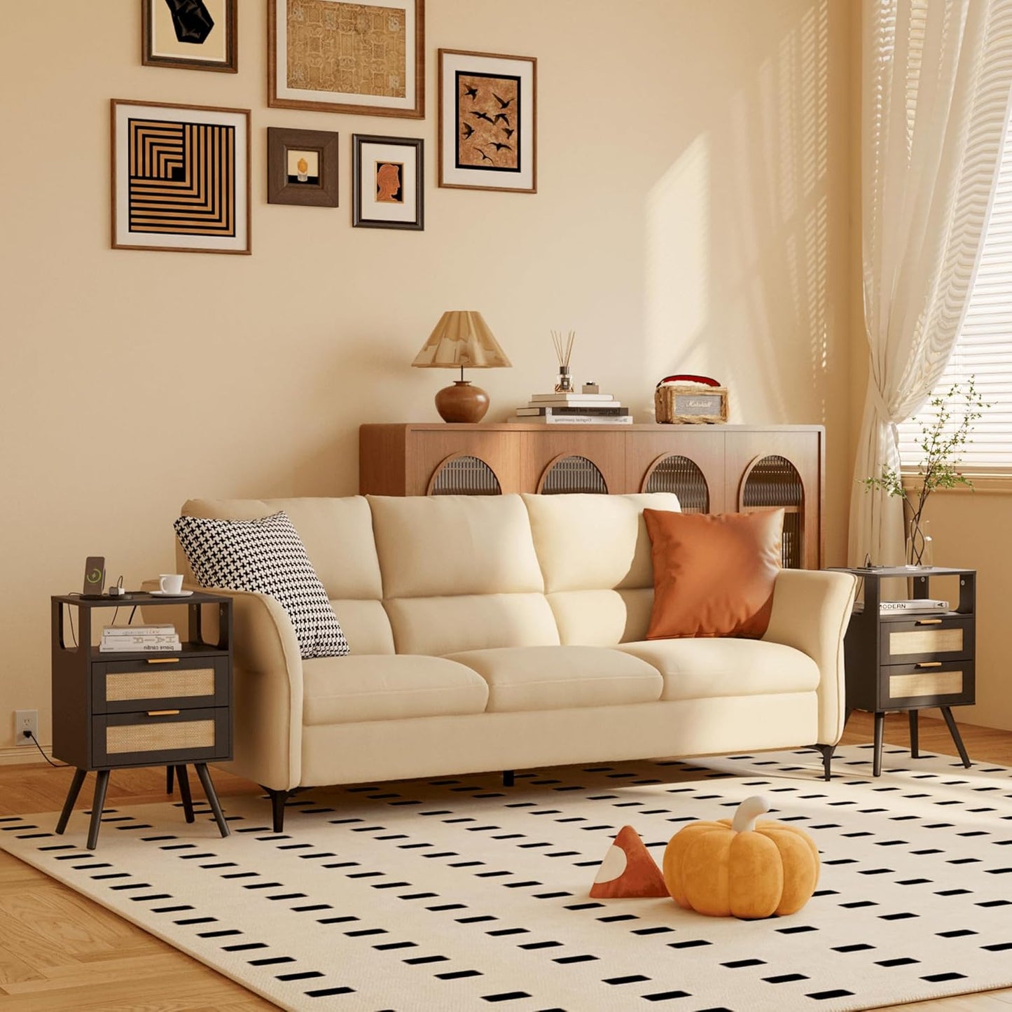 Rattan Nightstand with Charging Station,Farmhouse Bedside Table with 2 Storage Drawer and Open Wood Shelf, for Bedroom and Small Spaces,Night Stand with Solid Wood Legs (Black-Outlet)