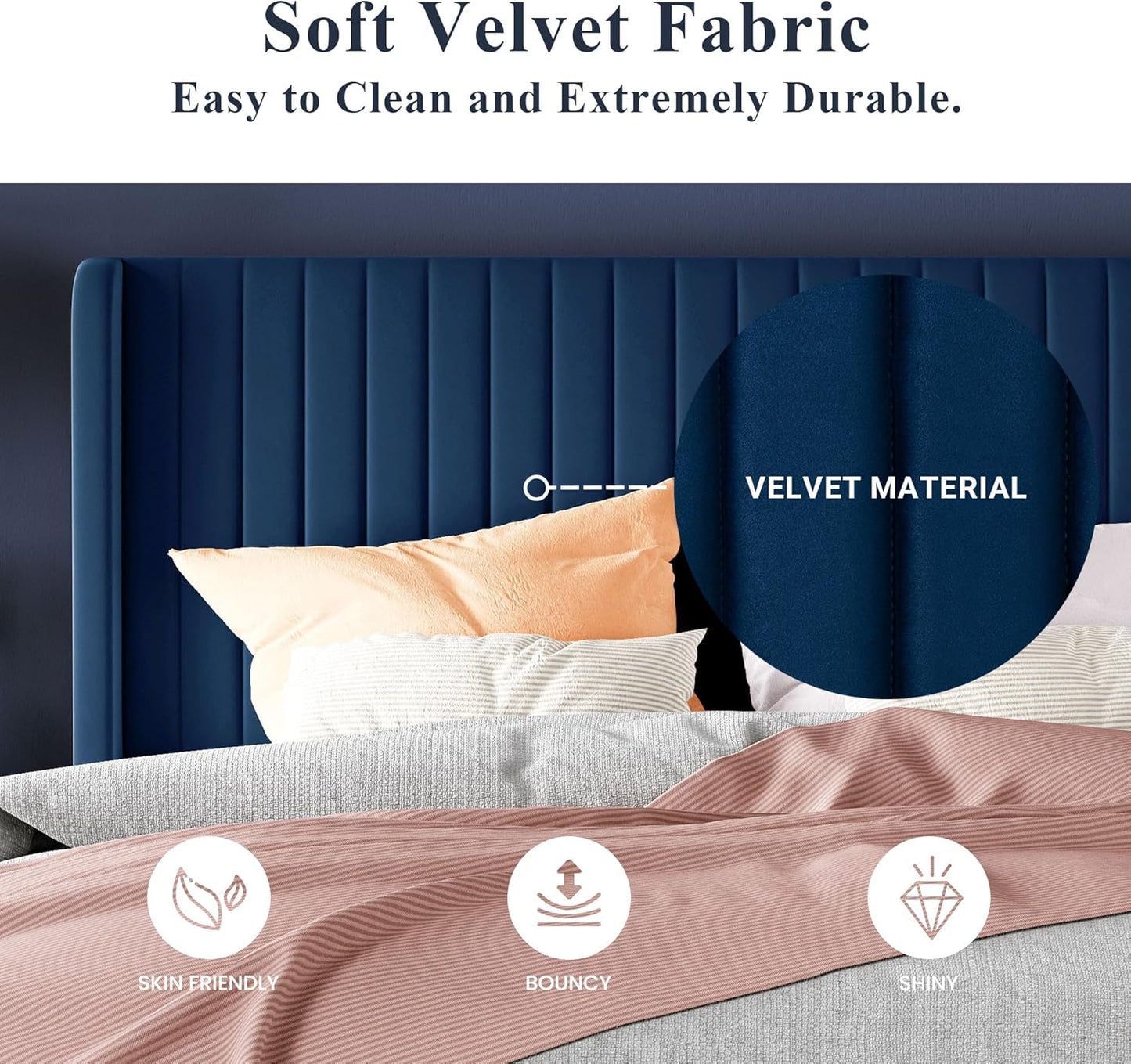 Allewie Full Size Velvet Bed Frame/Vertical Channel Tufted Wingback Headboard/Upholstered Platform Bed/Strong Wooden Slats/No Box Spring Needed/Easy Assembly/Blue