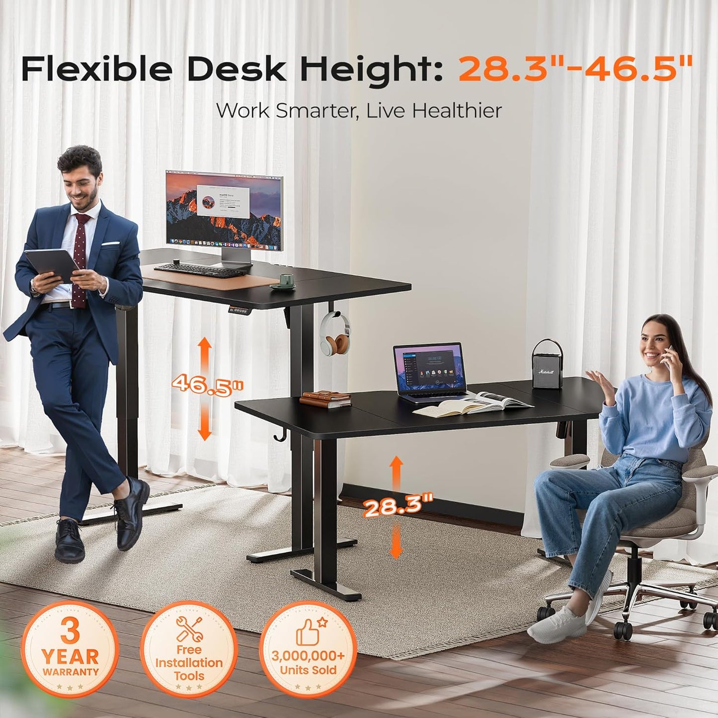 Huuger 63 x 28 Large Electric Standing Desk, Height Adjustable Computer Desk, 27.6" Deep Desktop, Stand up Gaming Office Table with 2 Hooks, 3 Preset Heights, for Home Office, Black