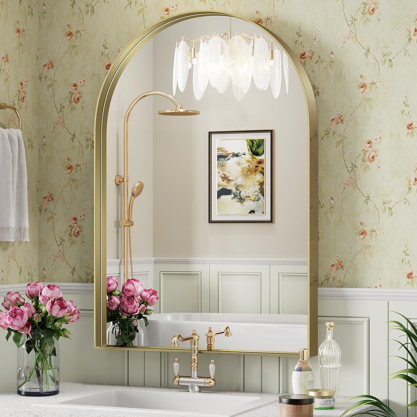 Brightify Arched Mirror, 30 x 40 Inch Gold Arch Mirror, Metal Frame Wall Mirror, Top Bathroom Vanity Mirror for Living Room Bedroom Mantle