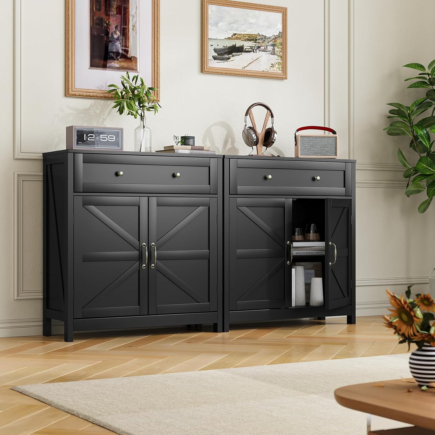 Buffet Sideboard with 2 Barn Doors,Black Kitchen Cabinet with Adjustable Shelf, Freestanding Floor Storage Cabinet