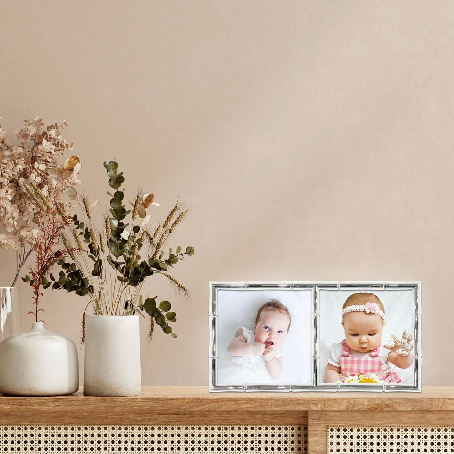 Lawrence Frames 4x4 Double Silver Metal Picture Frame with Bamboo Design