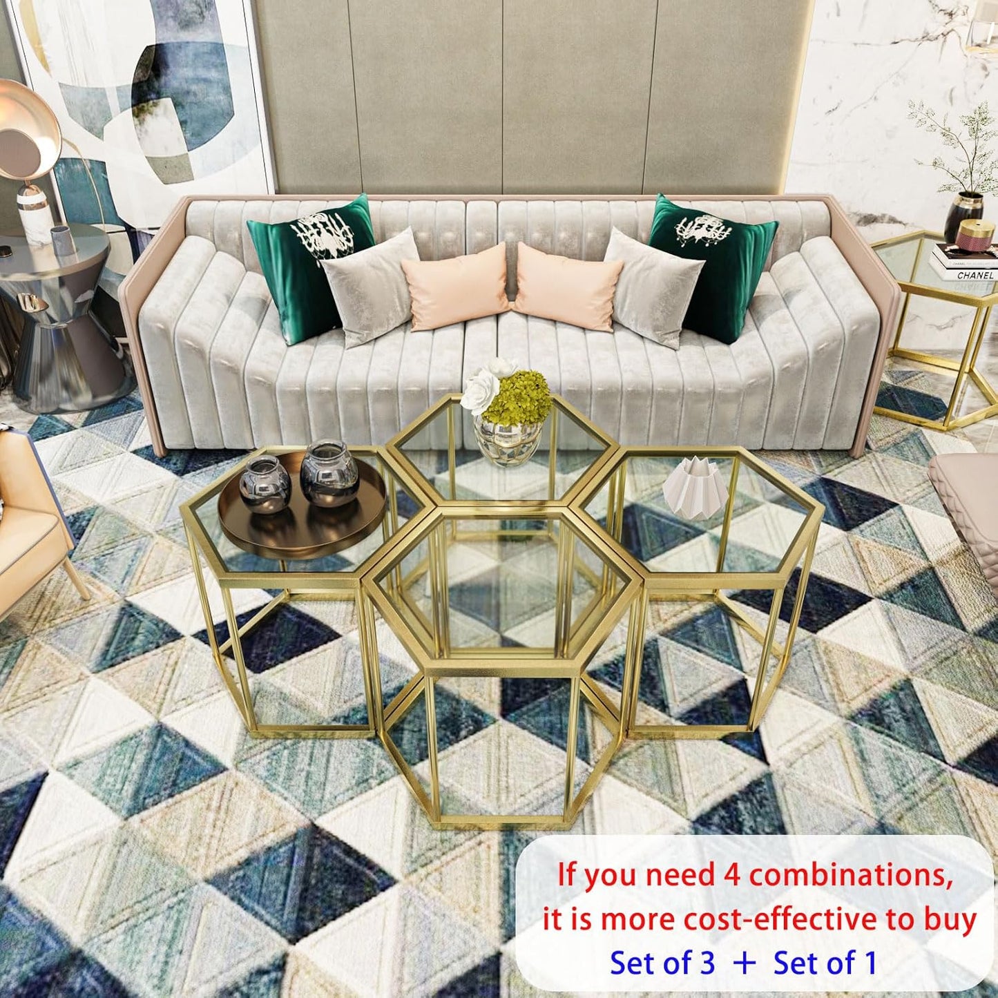 Gold Coffee Table Glass Modern Coffee Table, Hexagon Free Combination Glass Center Table Small End Tables with Metal Frame for Living Room Set of 1