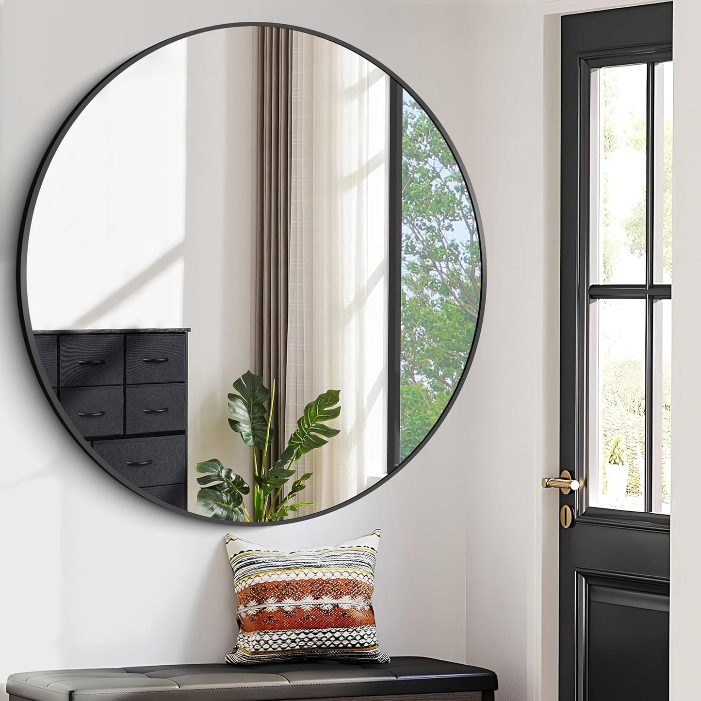 Black Round Mirror, 48" Wall Mounted Aluminum Alloy Frame - Large Round Mirror for Bathroom, Entryway, Living Room