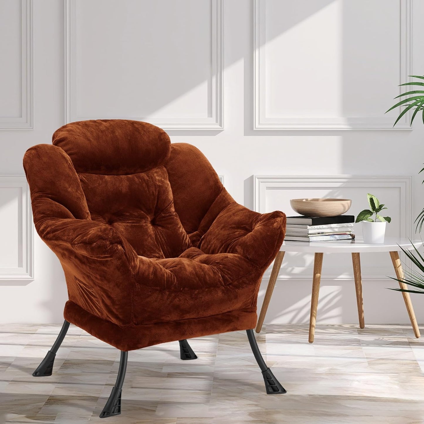 Fabric Lazy Chair for Adults, Oversized Upholstered Sofa Chair, Plush Comfy Lounge Chair with Large Side Storage Pocket, Thick Padded Reading Chair for Living Room, Bedroom, Study Room, Brown