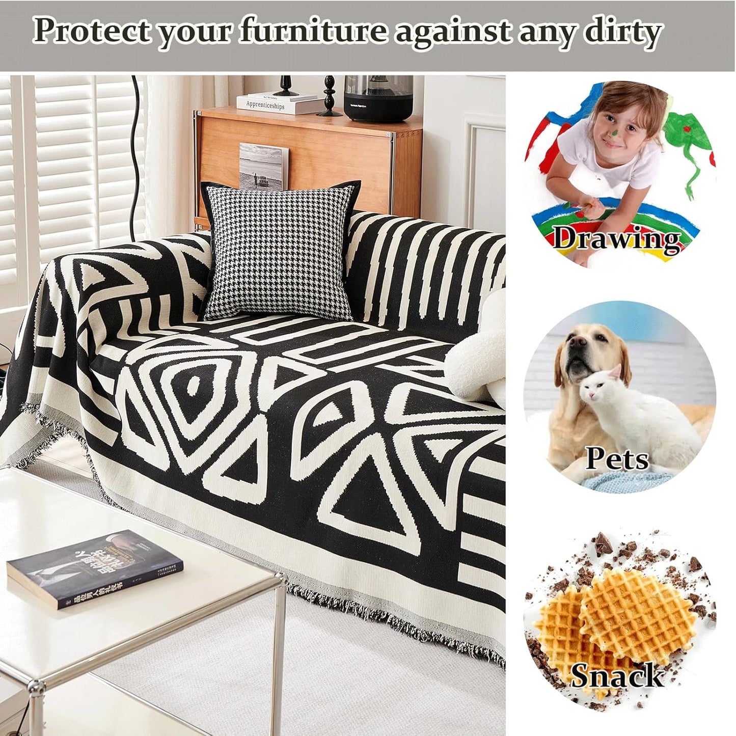 VM VOUGEMARKET Black Couch Cover for 2 Cushion Chenille Loeveseat Sofa Cover Dog Proof Furniture Protector Cover Universal Sofa Slipcover L Shaped Sectional Couch Cover with Tassels-71 x 118,Black